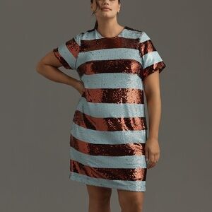 Maeve Short-Sleeve Sequin Striped Mini Dress